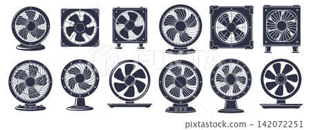 Collection of electric cooling fan icons featuring various blade designs viewed from the front side Collection of electric cooling fan icons featuring various blade designs viewed from the front side 142072251