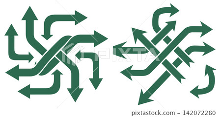 Abstract navigation arrow set with intertwined design for directional signage or digital interface layout planning 142072280