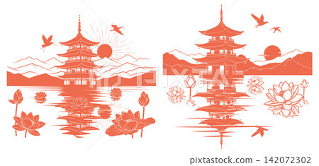 Asian pagoda temple architecture illustration with blooming lotus flowers and distant mountains in landscape scene Asian pagoda temple architecture illustration with blooming lotus flowers and distant mountains in landscape scene 142072302