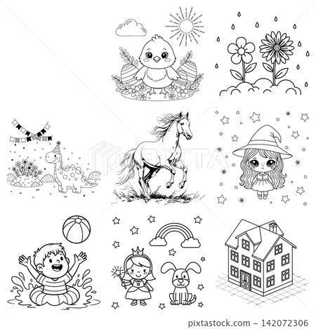 Assorted black and white line art vector graphics for children coloring book leisure time pages Assorted black and white line art vector graphics for children coloring book leisure time pages 142072306