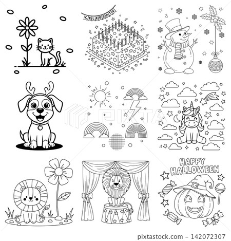 Assorted black and white outline illustrations featuring holiday themes and cute animal characters for kids 142072307