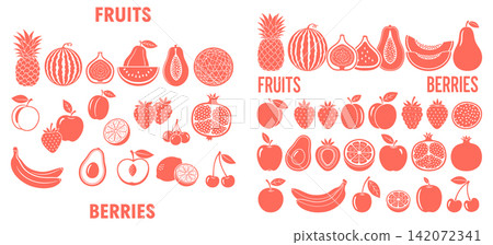 Assorted fresh fruit and berry icon collection featuring simple shapes for healthy lifestyle project designs Assorted fresh fruit and berry icon collection featuring simple shapes for healthy lifestyle project designs 142072341