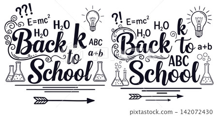 Back to school lettering design with science equipment including light bulbs and beakers for education Back to school lettering design with science equipment including light bulbs and beakers for education 142072430
