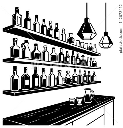 Bar interior with wooden counter and liquor bottles on wall shelves in minimalist line art style Bar interior with wooden counter and liquor bottles on wall shelves in minimalist line art style 142072432