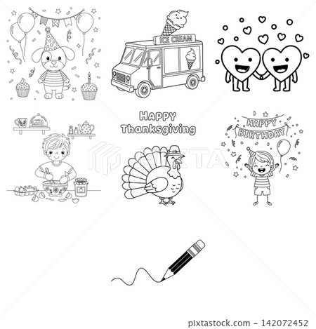 Black and white line art of a vintage ice cream truck with a cone sign Black and white line art of a vintage ice cream truck with a cone sign 142072452