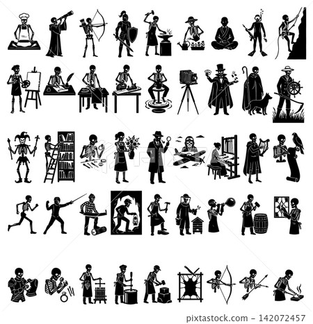 Black and white vector illustration set depicting various skeleton characters performing different professional daily tasks Black and white vector illustration set depicting various skeleton characters performing different professional daily tasks 142072457