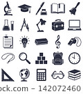 Black flat vector icons of school supplies and educational equipment for teachers or student projects 142072460