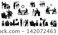 Black silhouette collection of elderly people activities in home environment for lifestyle and care illustration 142072463