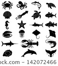 Black silhouette collection of marine life animals and ocean creatures for aquatic graphic design projects 142072466