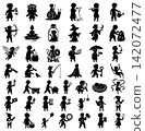 Black silhouette icons of small fantasy characters exploring the world and performing magical tasks 142072477