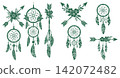 Boho style dream catcher and arrow vector icons decorated with floral patterns and hanging feathers 142072482
