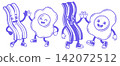 Cartoon bacon and egg characters giving high five in a fun and quirky breakfast illustration 142072512