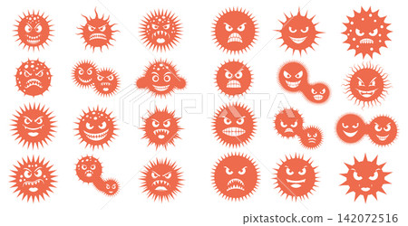 Cartoon virus characters with angry facial expressions set in a simple flat graphic illustration style Cartoon virus characters with angry facial expressions set in a simple flat graphic illustration style 142072516