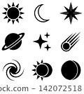 Celestial objects collection featuring sun moon and planets in a minimalist flat black vector style 142072518