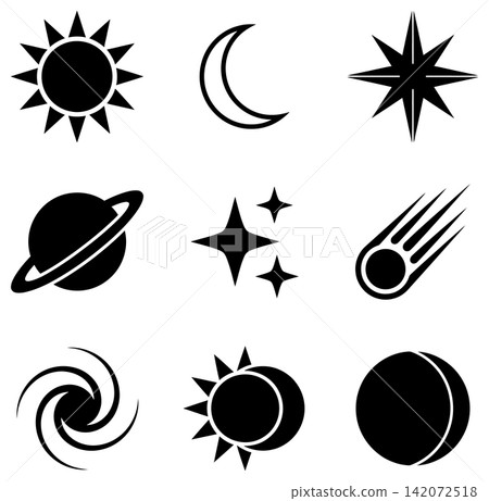 Celestial objects collection featuring sun moon and planets in a minimalist flat black vector style Celestial objects collection featuring sun moon and planets in a minimalist flat black vector style 142072518
