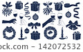 Christmas holiday decoration icon collection featuring gift boxes mistletoe wreath and candles for festive design 142072532