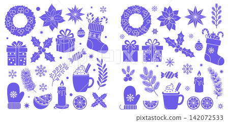 Christmas holiday decoration vector set with winter elements and festive icons for seasonal graphic design Christmas holiday decoration vector set with winter elements and festive icons for seasonal graphic design 142072533