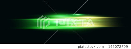 Abstract green and yellow light streaks moving horizontally across a dark background Abstract green and yellow light streaks moving horizontally across a dark background 142072799