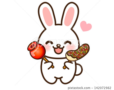 Illustration of a rabbit eating a candy apple and a chocolate-covered banana (2) Illustration of a rabbit eating a candy apple and a chocolate-covered banana (2) 142072982