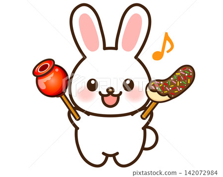 Illustration of a rabbit eating a candy apple and a chocolate-covered banana (4) Illustration of a rabbit eating a candy apple and a chocolate-covered banana (4) 142072984