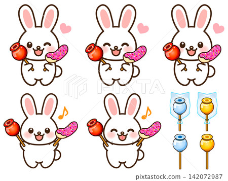 Illustration set 2 of a rabbit eating a candy apple and a chocolate-covered banana. Illustration set 2 of a rabbit eating a candy apple and a chocolate-covered banana. 142072987
