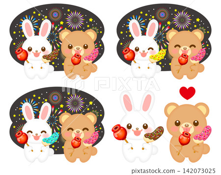 Illustration set of 4 featuring a rabbit and a bear enjoying a fireworks display. Illustration set of 4 featuring a rabbit and a bear enjoying a fireworks display. 142073025