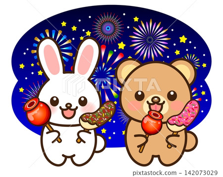 Illustration of a rabbit and a bear enjoying a fireworks display Illustration of a rabbit and a bear enjoying a fireworks display 142073029