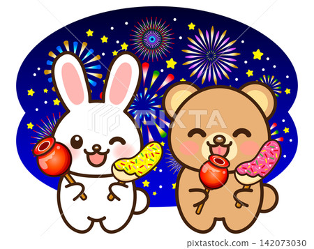 Illustration of a rabbit and a bear enjoying a fireworks display (2) Illustration of a rabbit and a bear enjoying a fireworks display (2) 142073030
