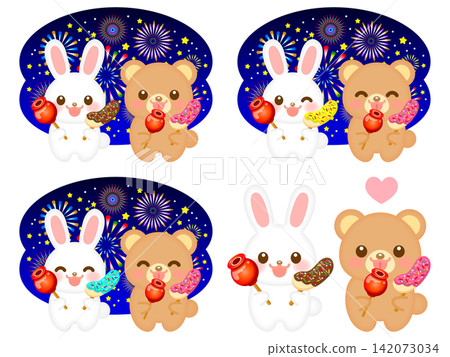 Illustration set 3 of rabbits and bears enjoying a fireworks display. Illustration set 3 of rabbits and bears enjoying a fireworks display. 142073034