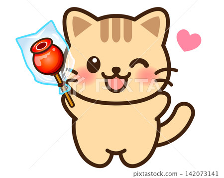 Illustration of a cat eating a candy apple Illustration of a cat eating a candy apple 142073141