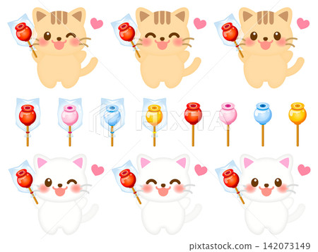 Set of 4 illustrations of a cat eating a candy apple Set of 4 illustrations of a cat eating a candy apple 142073149