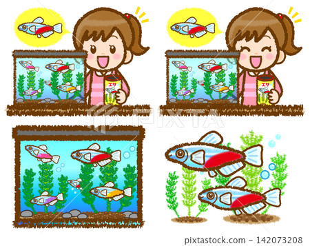 一組描繪女孩飼養霓虹燈魚的插圖。 一組描繪女孩飼養霓虹燈魚的插圖。 142073208
