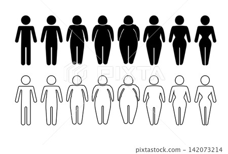 A man or woman diets and exercises from fat to fitness series frontal view. Figure and size person, body index mass. Vector A man or woman diets and exercises from fat to fitness series frontal view. Figure and size person, body index mass. Vector 142073214