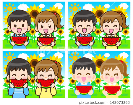 Illustration set of 5: Men and women eating watermelon Illustration set of 5: Men and women eating watermelon 142073263