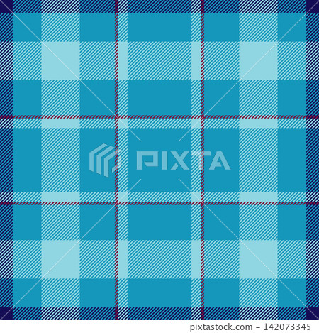 A traditional textile surface with tartan plaid checks and a tactile woven fabric finish. Cyan and indigo tones create classic fabric heritage in a seamless design for apparel prints. 142073345