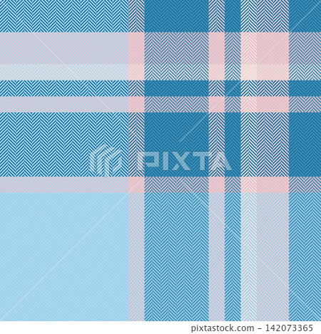 Traditional fabric design built on a classic tartan plaid grid and a woven fabric effect. Cyan and light tones give the seamless pattern classic fabric heritage for interior decor. 142073365