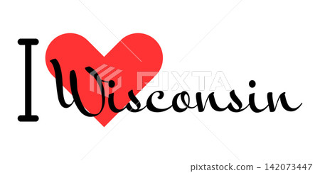 I love Wisconsin state of the United States of America. Hand drawn letters with red heart. USA regions vector illustration, lettering in modern design I love Wisconsin state of the United States of America. Hand drawn letters with red heart. USA regions vector illustration, lettering in modern design 142073447