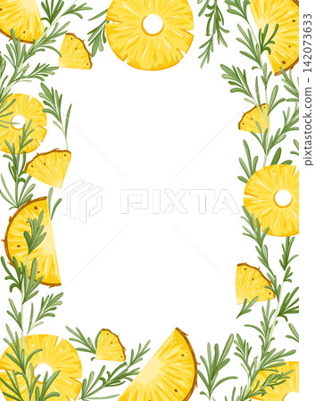 Pineapple rosemary vertical frame. Tropical fruit vector poster. Copy space. Print for food, drink, flavour, aroma packaging. Not cropped elements. White background Pineapple rosemary vertical frame. Tropical fruit vector poster. Copy space. Print for food, drink, flavour, aroma packaging. Not cropped elements. White background 142073633