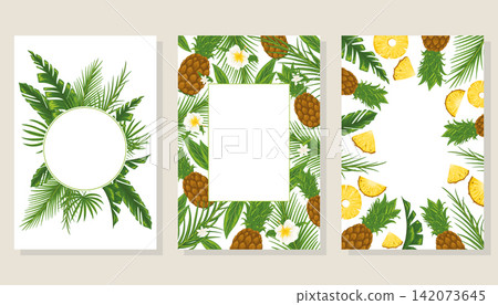 Tropical vertical frames set with palm leaves, pineapples and flowers. Party invitation, sale poster, web banner. Hand drawn illustration with a text place on white background Tropical vertical frames set with palm leaves, pineapples and flowers. Party invitation, sale poster, web banner. Hand drawn illustration with a text place on white background 142073645