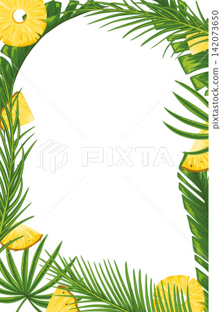 Tropical vertical frame with palm leaves and pineapple's slices. Party invitation, sale poster, banner. Hand drawn illustration with a text place. Elements are not cropped Tropical vertical frame with palm leaves and pineapple's slices. Party invitation, sale poster, banner. Hand drawn illustration with a text place. Elements are not cropped 142073650