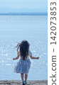 [Vertical pose] A girl in a white dress walks along the lakeside, shimmering in the backlight | Her hair blowing in the wind, seen from behind. 142073853