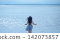 [Horizontal, Wide] A girl in a white dress walks along the lakeside, sparkling in the backlight | Her hair blowing in the wind, seen from behind. 142073857
