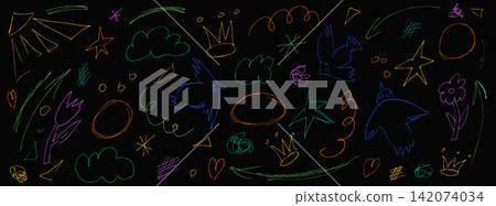 Naive crayon doodle set on black with colorful chalk and crown elements. Childish naive scribble with crayon arrows and hearts for kids print. Vector bird and cloud icons in colorful pen ink art Naive crayon doodle set on black with colorful chalk and crown elements. Childish naive scribble with crayon arrows and hearts for kids print. Vector bird and cloud icons in colorful pen ink art 142074034