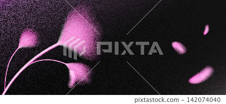 Floral background with glowing tulips and petals. Pink halftone grain fades across a dark botanical backdrop. Ethereal vector flower scene with airbrush texture for web banner or presentation design Floral background with glowing tulips and petals. Pink halftone grain fades across a dark botanical backdrop. Ethereal vector flower scene with airbrush texture for web banner or presentation design 142074040