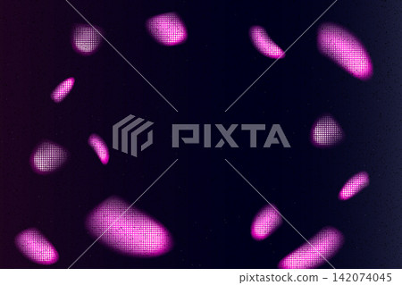 Petal halftone frame with scattered fragments. Floating grain and dotted shading form a floral vignette around dark copy space. Petals create a vector border for social media post or poster design Petal halftone frame with scattered fragments. Floating grain and dotted shading form a floral vignette around dark copy space. Petals create a vector border for social media post or poster design 142074045