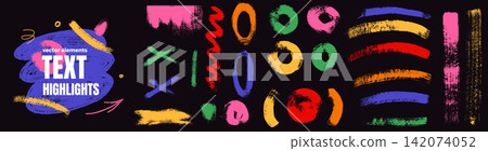 Brush underline set with text marks and rough curves. Painted brush shapes include circles and cross strokes on black. Playful vector highlighting elements for advertising layout or poster design 142074052