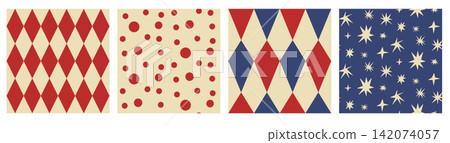 Circus carnival strip with four coordinated seamless pattern. Red navy circus artwork mixes argyle polkadot and twinkle motifs. Distressed vector carnival set for wall covering or textile yardage Circus carnival strip with four coordinated seamless pattern. Red navy circus artwork mixes argyle polkadot and twinkle motifs. Distressed vector carnival set for wall covering or textile yardage 142074057