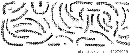 Brush charcoal set of pencil arcs and hand drawn curves. Rough brush strokes show graphite grain and uneven edges. Charcoal texture forms vector elements for advertising layout or social media post Brush charcoal set of pencil arcs and hand drawn curves. Rough brush strokes show graphite grain and uneven edges. Charcoal texture forms vector elements for advertising layout or social media post 142074059