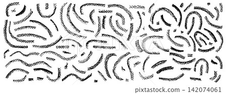 Brush charcoal set of arches and looping doodles. Dry brush lines carry graphite grain across semicircle shapes. Charcoal vector elements form a collection for poster design or social media post Brush charcoal set of arches and looping doodles. Dry brush lines carry graphite grain across semicircle shapes. Charcoal vector elements form a collection for poster design or social media post 142074061