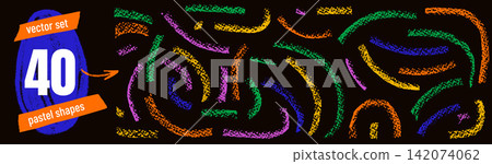 Brush arc set of neon crayon curves and doodles. Rough brush marks glow in pink green cyan and yellow on black. Arc shaped vector elements form a collection for music event poster or gaming banner Brush arc set of neon crayon curves and doodles. Rough brush marks glow in pink green cyan and yellow on black. Arc shaped vector elements form a collection for music event poster or gaming banner 142074062